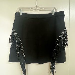 Black Fringe Velvet Mini Skirt L
